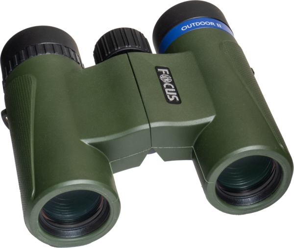 A pair of green Focus Outdoor II 8x25 compact binoculars with black eyepieces, one with a blue OUTDOOR II ring and the FOCUS logo on the hinge.