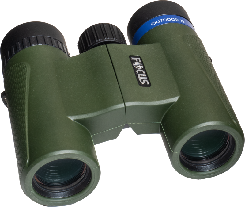 A pair of green Focus Outdoor II 8x25 compact binoculars with black eyepieces, one with a blue OUTDOOR II ring and the FOCUS logo on the hinge.