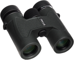 Black Focus Outdoor II 8x32 binoculars with textured grip, viewed from an angle that shows both eyepieces and lenses.