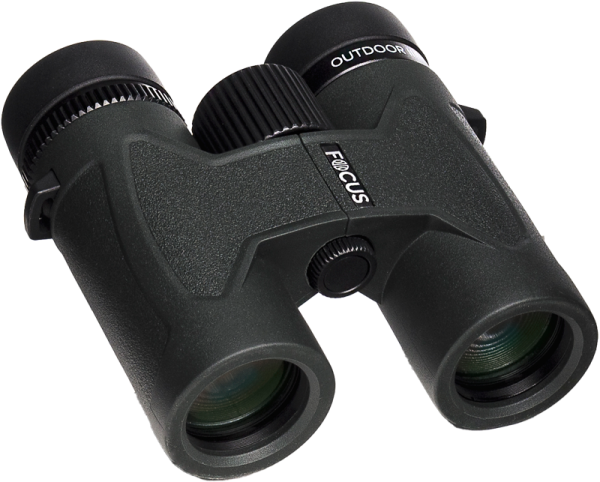 Black Focus Outdoor II 8x32 binoculars with textured grip, viewed from an angle that shows both eyepieces and lenses.