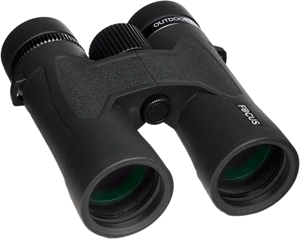 The Focus Outdoor II 8x42 is a black binocular with textured handles, two large eyepieces and a central focusing wheel with a white background.