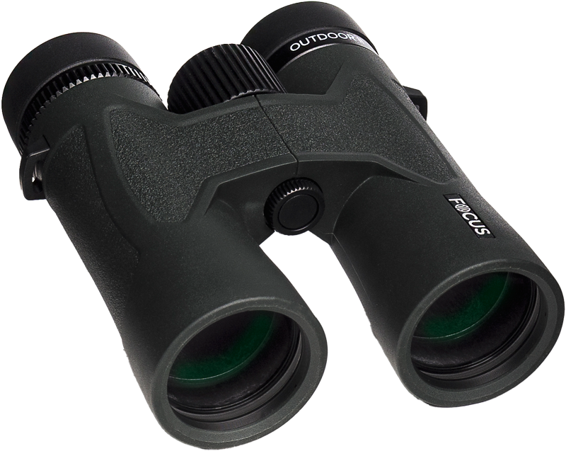 The Focus Outdoor II 8x42 is a black binocular with textured handles, two large eyepieces and a central focusing wheel with a white background.
