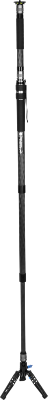 The Sirui SVM-165 Rapid System Monopod is a tall, black carbon fibre monopod with three folding support legs, handles and adjustable segments designed for use with cameras or video equipment.