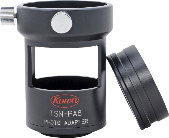 KOWA Digiadapteri DSLR TSN-600/660/82SV, musta, jossa on irrotettava suojus, pyöreä aukko ja sivunuppi, näkyy pystyssä vaalealla taustalla, ja sen tuotenimi ja malli näkyvät selvästi.