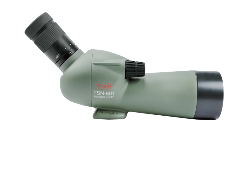 KOWA Spottingscope TSN-501 20-40x -kaukoputki, jossa on musta kulmikas okulaari ja suuri objektiivi vihreässä rungossa, valkoisella pohjalla.