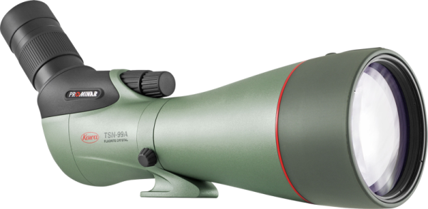 800q-05_117209 Vihreä KOWA Spottingscope TSN-99A PROMINAR 30-70xW zoom, jossa on musta kulmikas okulaari, suuri objektiivi, sileä viimeistely ja punainen rengas etupuolen lähellä.