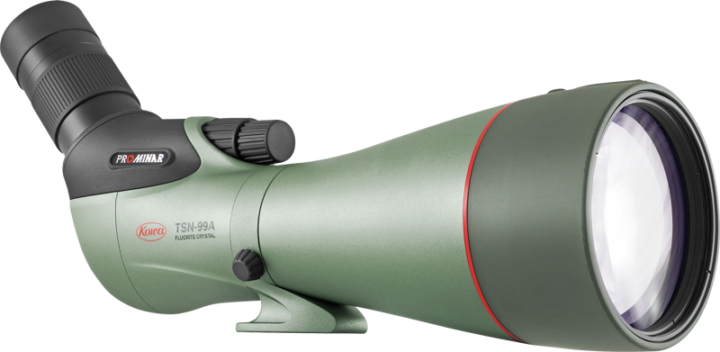800q-05_117209 Vihreä KOWA Spottingscope TSN-99A PROMINAR 30-70xW zoom, jossa on musta kulmikas okulaari, suuri objektiivi, sileä viimeistely ja punainen rengas etupuolen lähellä.