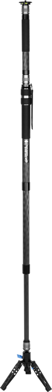 The Sirui SVM-145 Rapid System Monopod in black and silver has adjustable parts, a padded handle and small folding tripod legs for stability. It stands upright against a light background.