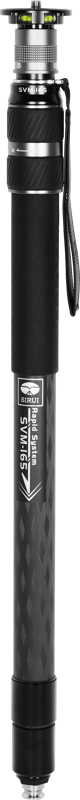 The Sirui SVM-165 Rapid System Monopod is a black and silver telescopic monopod with a textured handle, wrist strap, visible adjustment markings and brand and measurement information on the handle.