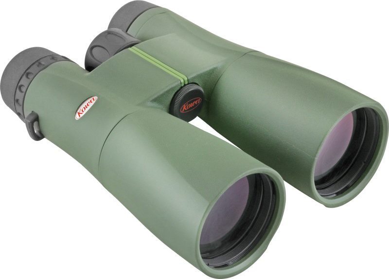 KOWA SV II 10X50 vihreä kiikari, jossa on suuret objektiivit ja mustat okulaarit ja jossa on Kite-logo rungossa, näkyy vaaleaa taustaa vasten.