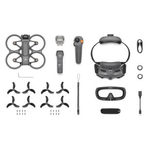 The DJI Avata 2 Fly More Combo (1 battery) drone kit is neatly arranged on a white background and shows the drone, propellers, controller, battery, VR glasses, charging unit, cables, strap, screws and accessories.