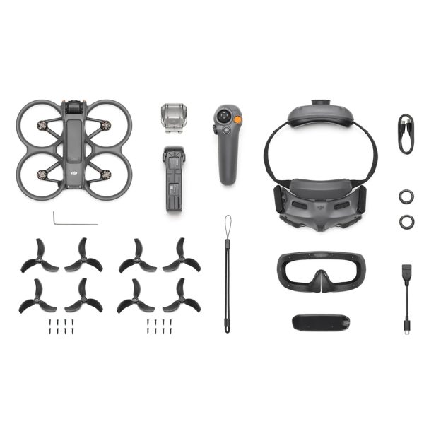 The DJI Avata 2 Fly More Combo (1 battery) drone kit is neatly arranged on a white background and shows the drone, propellers, controller, battery, VR glasses, charging unit, cables, strap, screws and accessories.
