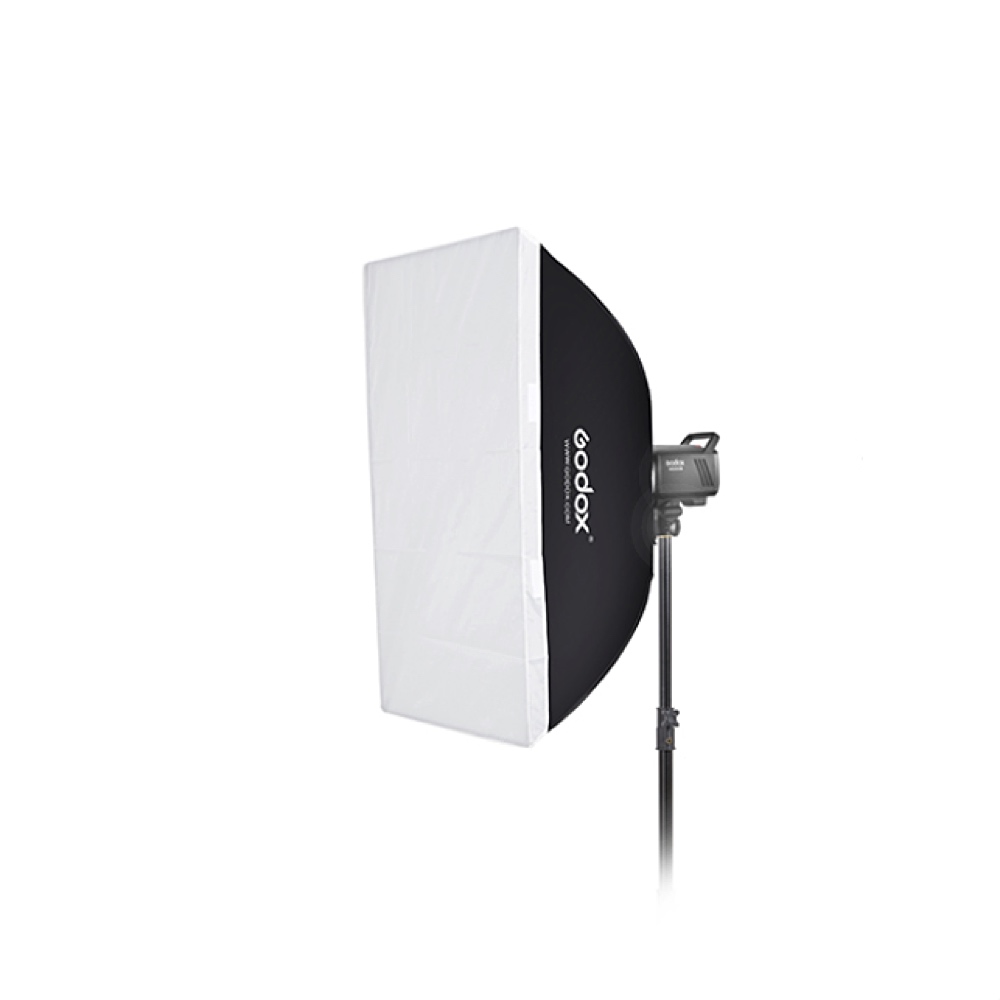 The Godox Softbox Bowens Mount 60x90cm is mounted on a stand and features a rectangular white diffuser facing forward with a black outer shell insulated against a white background.