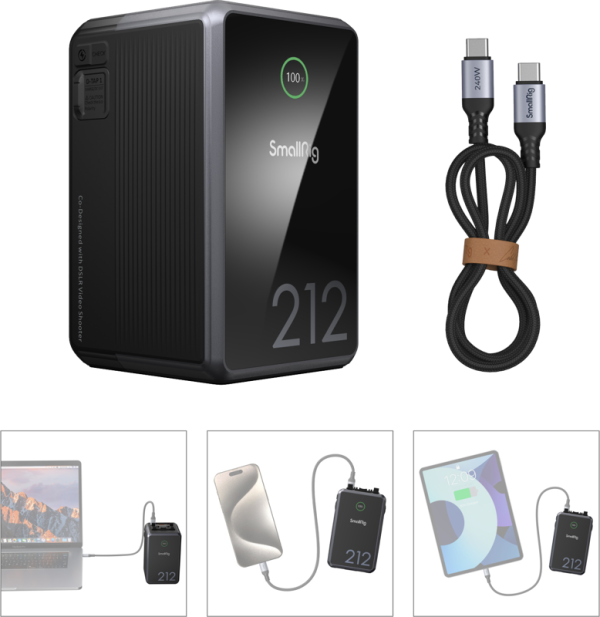 SmallRig 4293 V-Mount Battery VB212 Mini x Caleb Pike on musta kannettava tehopankki, jossa on 100 %:n latausnäyttö, ja se sisältää USB-C:n ja USB-C:n välisen kaapelin, ja kuvien mukaan se lataa kannettavaa tietokonetta, älypuhelinta ja tablettia.
