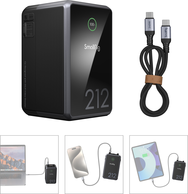 SmallRig 4293 V-Mount Battery VB212 Mini x Caleb Pike on musta kannettava tehopankki, jossa on 100 %:n latausnäyttö, ja se sisältää USB-C:n ja USB-C:n välisen kaapelin, ja kuvien mukaan se lataa kannettavaa tietokonetta, älypuhelinta ja tablettia.