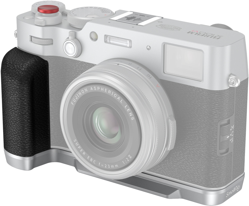 The SmallRig 4555 L-shaped grip for Fujifilm X100VI/X100V (silver) is pictured attached to a silver Fujifilm camera with textured black grip, visible lens, top dials and built-in viewfinder, on a light background.