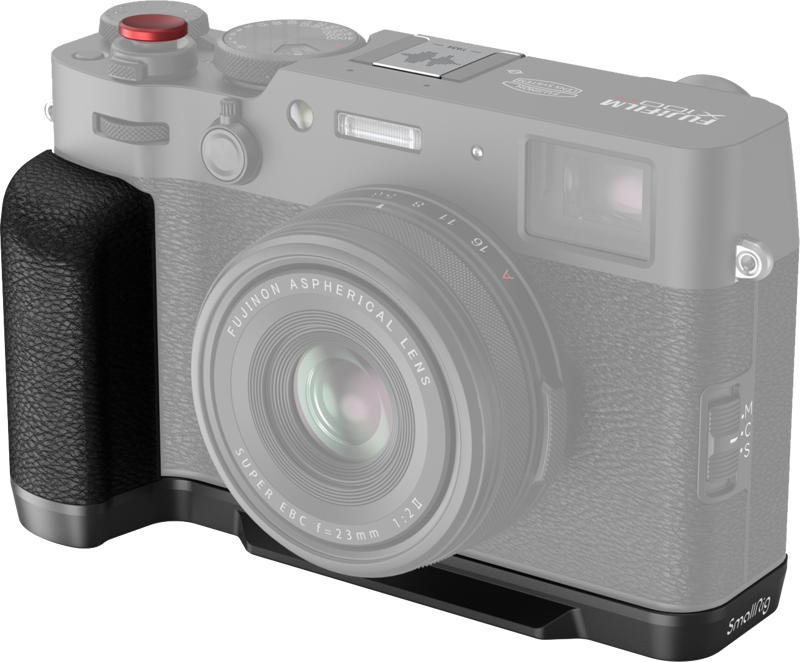 Close-up of the SmallRig 4556B L-shaped grip for Fujifilm X100VI/X100V (black), featuring a black textured grip attached to a grey camera body with red and silver details. Parts of the camera and grip are highlighted.