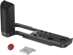 The SmallRig 4556B L-shaped grip for Fujifilm X100VI/X100V (black) has a textured grip with a red round button and a small white square accessory on a light grey background.