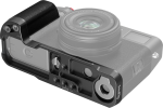 SmallRig 4556B L-shaped grip for Fujifilm X100VI/X100V (black) with various cut-outs, mounting holes and textured grip, attaches to the base of a semi-transparent mirrorless camera with lens.
