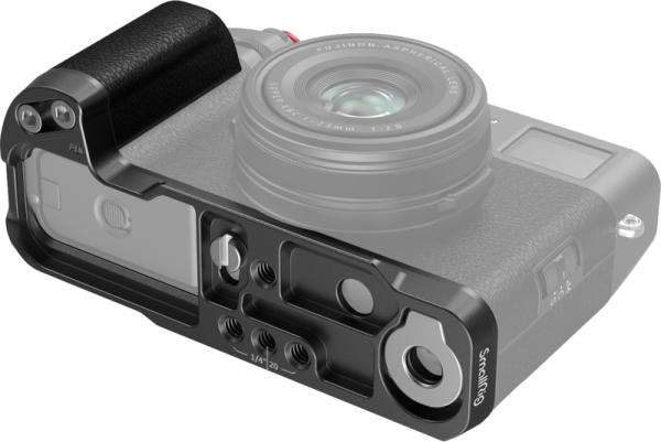 SmallRig 4556B L-shaped grip for Fujifilm X100VI/X100V (black) with various cut-outs, mounting holes and textured grip, attaches to the base of a semi-transparent mirrorless camera with lens.
