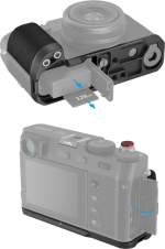 Image of SmallRig 4556B L-shaped grip for Fujifilm X100VI/X100V (black): top image shows 128 GB SD card inserted near the battery; bottom image shows SD card partially inserted in the side slot of the camera.
