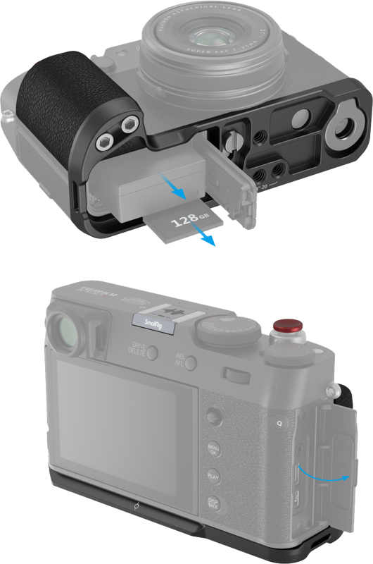 Image of SmallRig 4556B L-shaped grip for Fujifilm X100VI/X100V (black): top image shows 128 GB SD card inserted near the battery; bottom image shows SD card partially inserted in the side slot of the camera.
