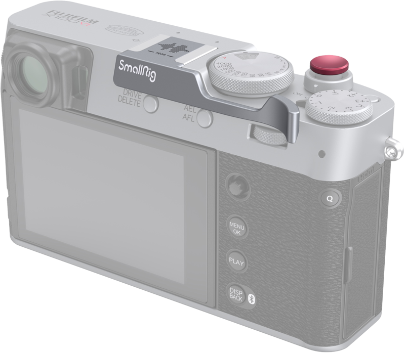 Rear view of the Fujifilm X100V with the SmallRig 4566 mirror grip (silver) mounted, showing dials, buttons and large LCD screen.