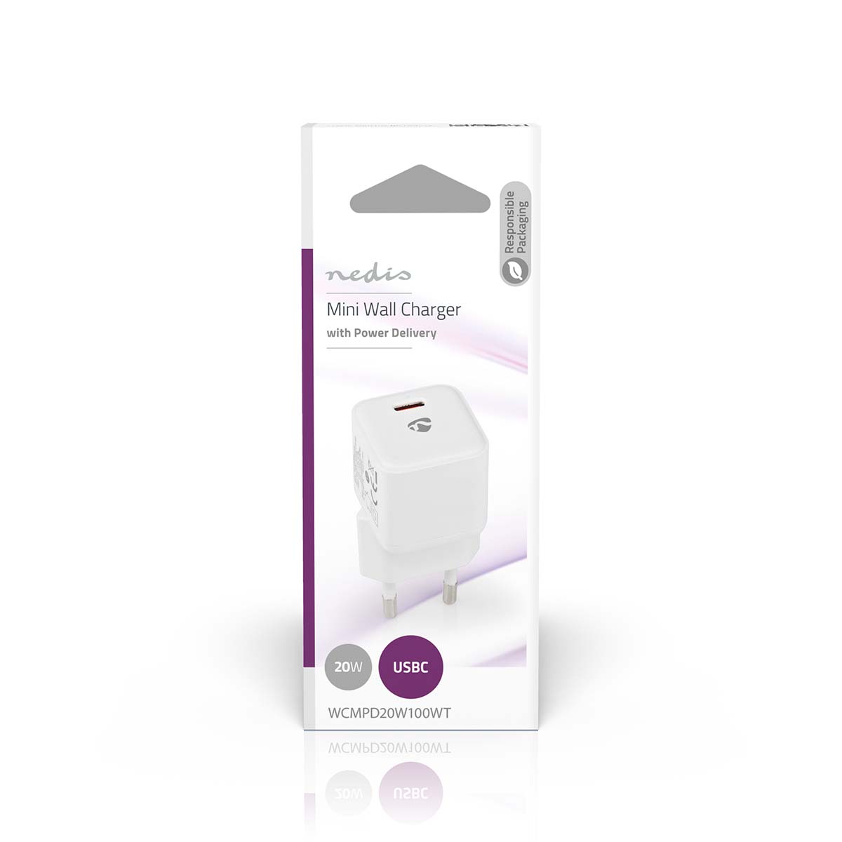 Nedis 20w USB-C Seinälaturin vähittäismyyntipakkauksessa on kuva valkoisesta laturista, jossa on USB-C-portti, 20 W:n teho ja europlug-pistokkeet. Pakkauksessa on yksityiskohtaiset tuotetiedot.