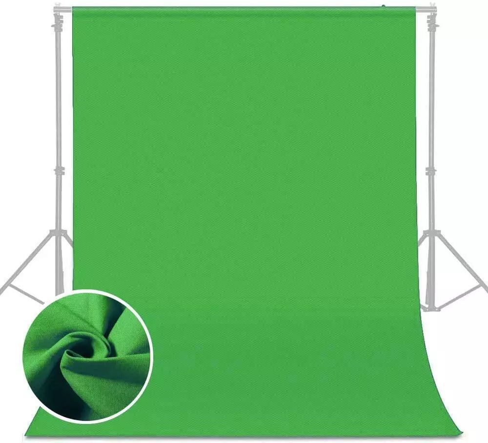 Lencarta Green Screen Background 2x3m on esitetty metallitelineellä, ja lähikuva korostaa kankaan rakennetta.