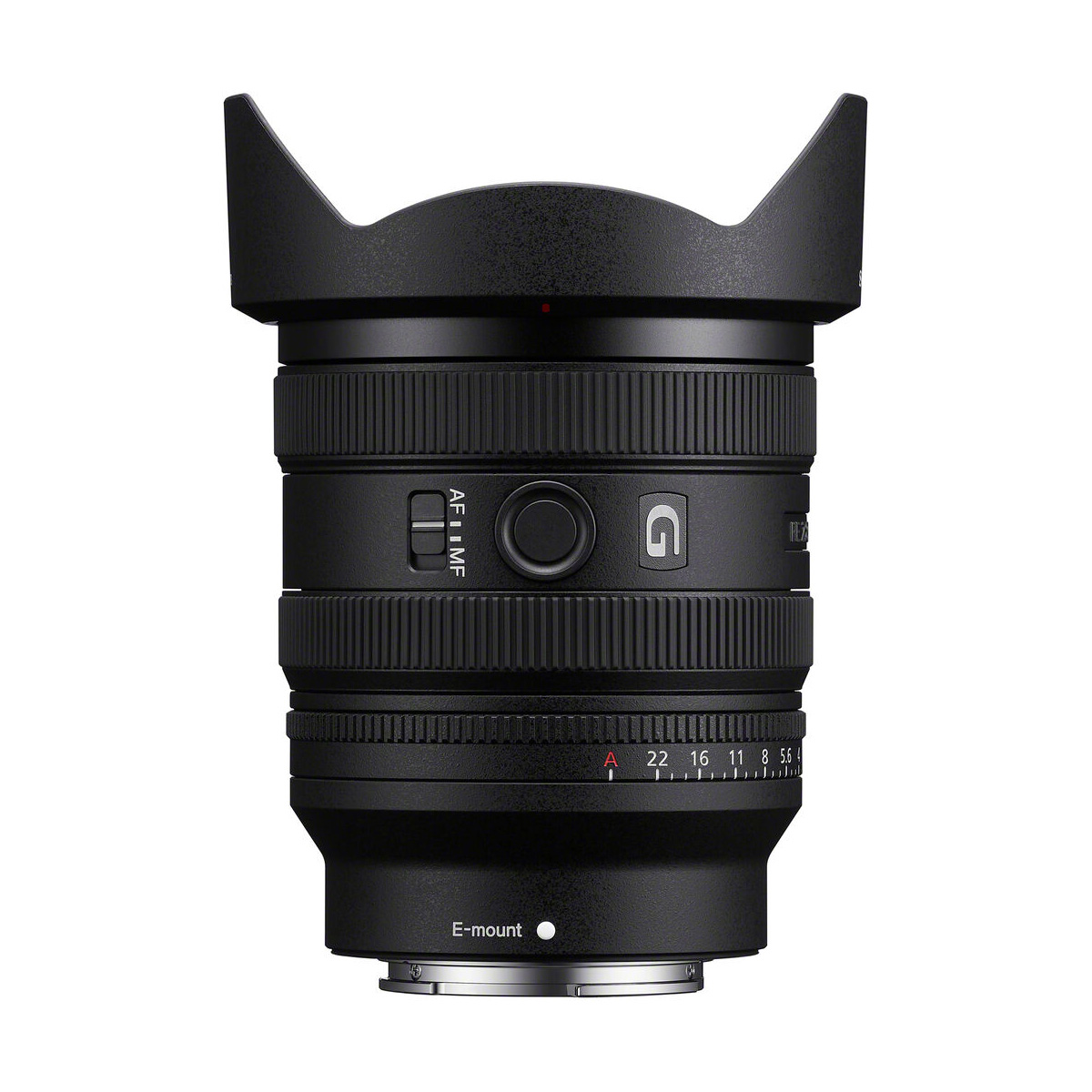 Lähikuva Sony FE 16-25mm f/2.8 G -objektiivi -objektiivista, jossa on terälehden muotoinen huppu, tarkennusrengas ja zoomausrengas sekä merkitty valintakiekko. Objektiivi seisoo pystyssä valkoisella taustalla. Mukana 100€ Cashback-tarjous.