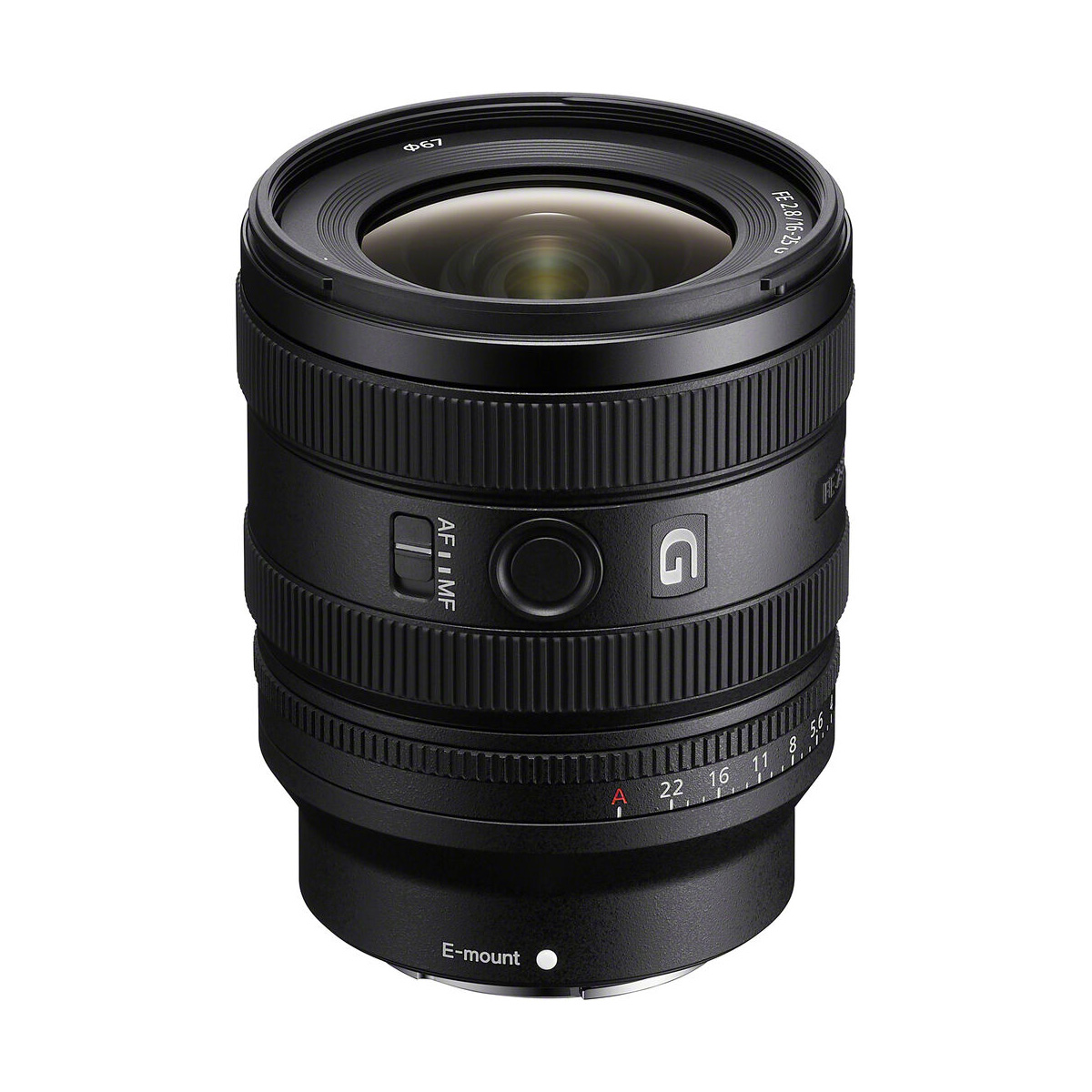 Sony FE 16-25mm f/2.8 G -objektiivi, jossa on leveä etuelementti, zoomaus- ja tarkennusrenkaat, G-sarjan merkki ja aukkomerkinnät, on kuvattu valkoista taustaa vasten. Lisävaihtohyvitys 200€.
