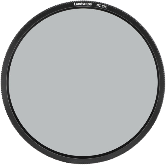 NiSi-suodin Landscape CPL for V5/V6 & C4 Holder (Spare Part) -pyöröpolarisaatiosuodin, pyöreä, jossa on musta harjattu reuna ja harmaasävyinen keskusta, näkyy ylhäältä tavallista taustaa vasten.