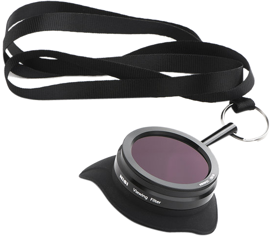 The NiSi Cine V-ND viewing filter has a black strap, a round filter with a violet-tinted lens and a rubber eye cup, making it ideal for photography or visual inspection.