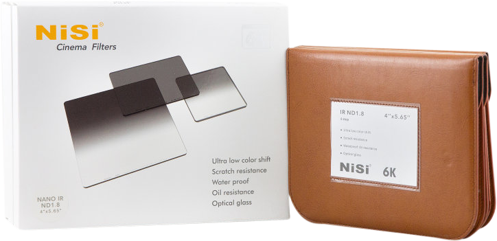 Laatikko ja kotelo NiSi Cine Filter Nano IRND 4x4" 0,3 -levysuodin, jossa on kuvia neliönmuotoisista suodattimista laatikossa ja ruskea pussi, jossa on merkintä NiSi 6K suodattimien säilytystä varten.