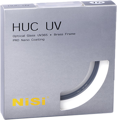NiSi filter UV Pro Nano Huc 52mm UV filter in grey packaging with UV365 optical glass, brass frame, PRO Nano coating and part of the circular filter visible through a clear window.