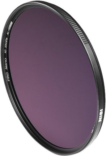 Circular NiSi filter IRND1000 Pro Nano Huc 39 mm lens filter with dark purple tint, black metal frame and PRO Nano 10 Stops marking.