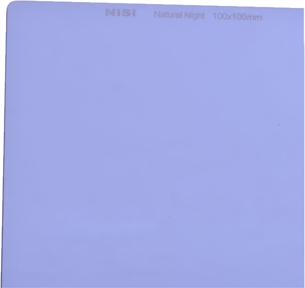 A square, semi-transparent filter with a faint purple tint and the text NiSi Filter Natural Night 100x100mm printed on the top.