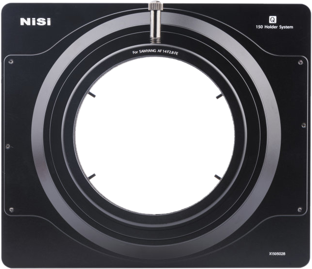 NiSi filter holder (150mm) The Samyang AF 14mm f/2.8 for Sony FE disc filter holder is a rectangular black frame with marked edges and a large circular centre aperture, designed to fit Samyang AF 14 F2.8 FE lenses.
