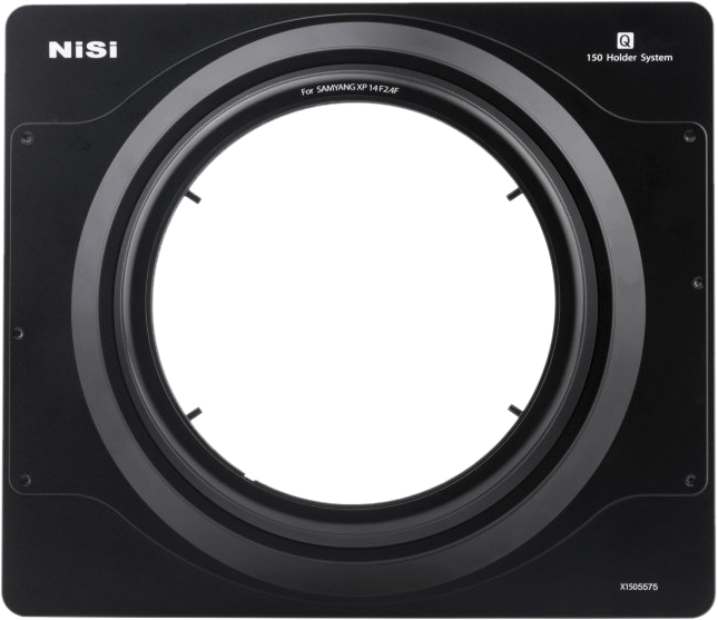 The NiSi filter holder (150mm) for the Samyang XP 14mm f/2.4 is a square black filter holder with a large central aperture, designed for mounting photographic filters on the Samyang XP 14mm f/2.4 lens.