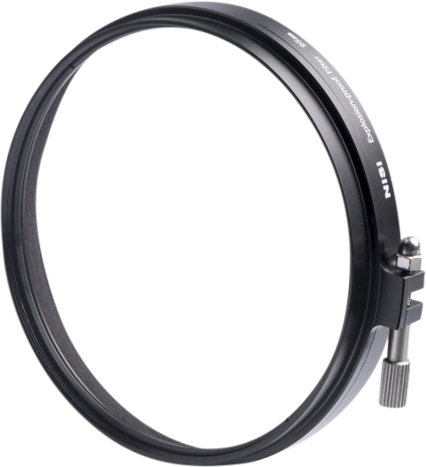 800q-01_108946 Close-up of NiSi Cine Filter Explosion Proof Circular 95mm protective filter of a black lens filter holder with "NiSi" marking and silver clamping screw, against a light grey background.
