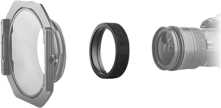 The NiSi adapter ring for the S5/S6 holder (Nikon 14-24mm / Tamron 15-30mm - 77mm filter adapter) is shown separately with the lens and filter holder, illustrating the components for attaching the filters to the camera lens.