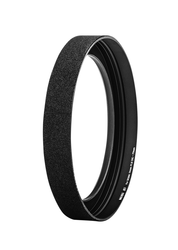 The NiSi Filter S5 adapter for Sigma 14mm f/1.8 (adapter only) is a black, cylindrical adapter with a textured surface and smooth internal threads designed to reduce glare and protect the lens. Shown on a plain white background.