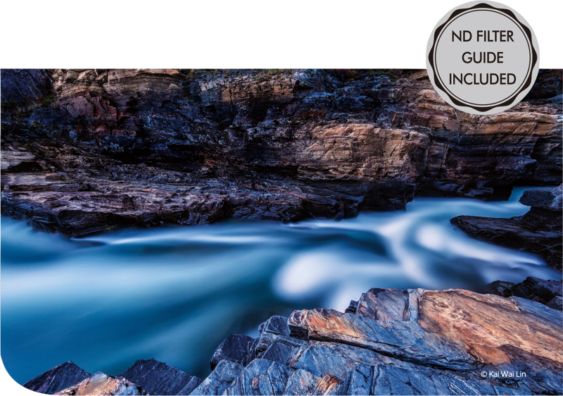 A long exposure shot of water gliding over dark canyon rocks, with the NiSi Filter IRND Base Kit 100mm in the top right corner with the sign ND FILTER GUIDE INCLUDED.
