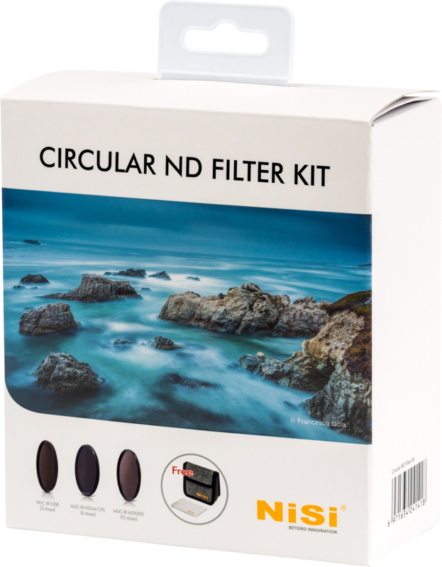 Tuotepakkaus, jossa on merkintä NiSi Filter Circular ND Kit 67mm -suodinpaketti, ja jonka etupuolella on merimaisema, jossa on kiviä ja kolme suodatinta. Pakkauksessa mainostetaan ilmaista puhdistustarviketta.