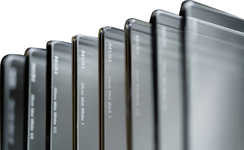 Nisi Cine Filter Allure Black Mist 4x5.65" (1) is shown in a vertical diagonal line against a light background.