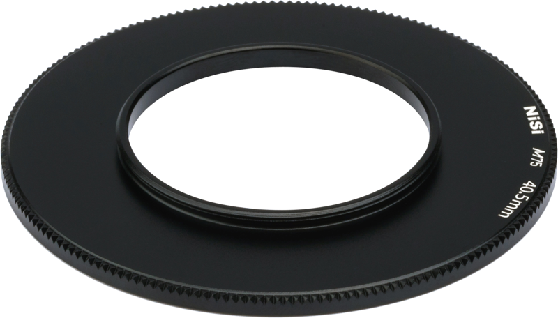 The NiSi filter holder adapter for M75 40.5 mm adapter gas is a black round adapter ring with textured edges and a central hole on a white background.