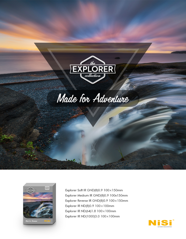 Dramaattinen pitkävalotuskuva kallioiselta auringonlaskun rannikolta, jossa vesi on sumeaa ja taivas elinvoimainen. Tekstissä lukee: NiSi Square Filter Explorer 100X150MM Medium IRGND8 3Stop-Made for Adventure. Suodatinpakkaus, jossa on koot, näkyy alareunassa.
