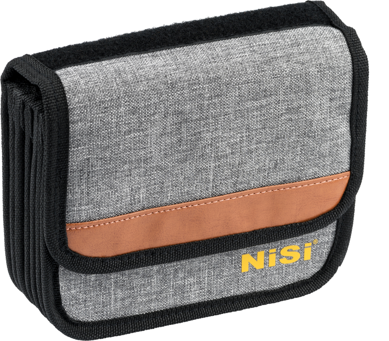 The NiSi Cinema Filter Pouch (4x4", 4x5.65") is a grey and black fabric pouch with brown accent and yellow NiSi logo, designed for carrying camera filters or accessories.