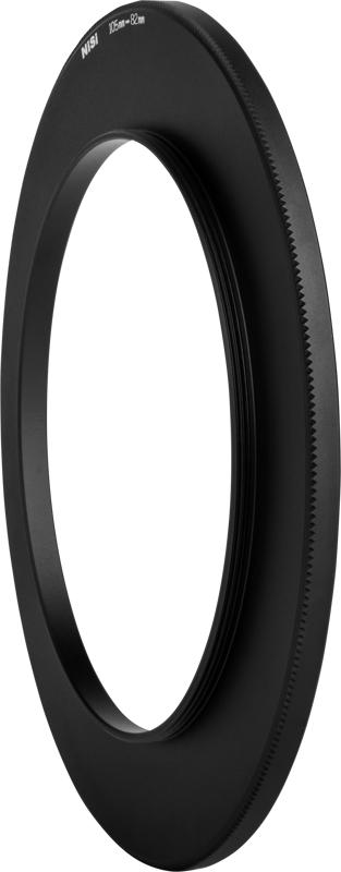 Black, round NiSi adapter ring for S5/S6 filter holder 82-105mm filter adapter with ridges is shown on its side against a transparent background.