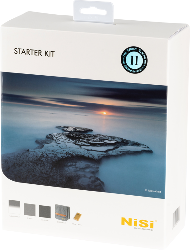 Valkoisessa NiSi Square Filter Kit 150mm Starter II (Caddy) -laatikossa on rauhallinen merimaisema auringonlaskun aikaan, ja sen alaosassa on kiviä, tuotetietoja ja pieniä kuvakkeita mukana tulevista tuotteista.